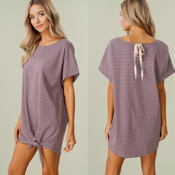 Striped Tie Detail Tunic Top/Dress - MAUVE - Picture 2 of 2